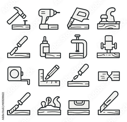 Linear carpentry tools icon set featuring hammer, drill, saw, plane, chisel, glue, clamp, and sander symbols