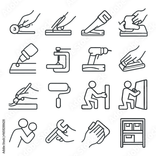 Linear construction icon set featuring hammer, saw, drill, clamp, paint roller, pliers, and wrench symbols
