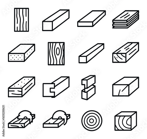 Linear woodworking tools icon set featuring saw, plank, log, beam, and wood grain symbols
