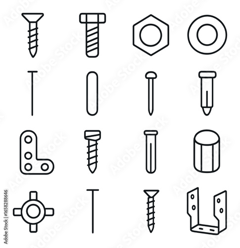 Linear hardware icon set featuring screw, bolt, nut, nail, bracket, and anchor symbols