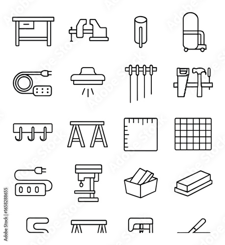 Linear workshop icon set featuring workbench, drill press, toolbox, power cord, clamp, and saw