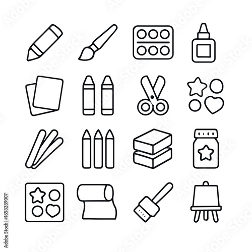 Linear art tools icon set featuring pencil, brush, scissors, palette, glue, eraser, easel, and canvas symbols