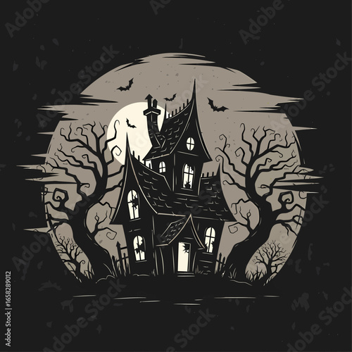 Eerie haunted house illustration with gnarled trees and flying bats silhouetted against a large full moon.