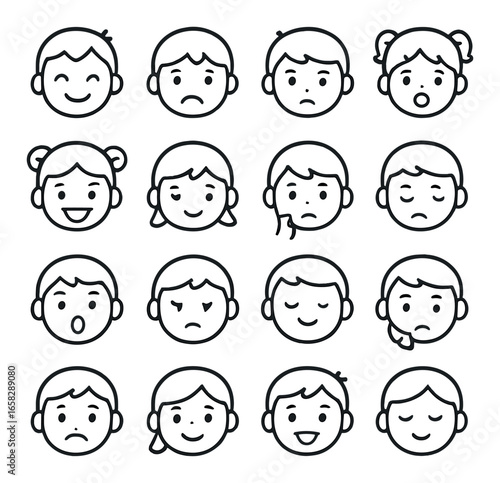Flat emotions icon set featuring happy, sad, angry, surprised, shocked, tired, sleepy, cheerful, worried, confused