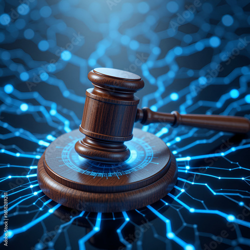 Wooden gavel resting on network of glowing blue lines. Symbol of law tech, justice, innovation. Legal system concept, cyber law, online security. Digital court, modern legal tech.