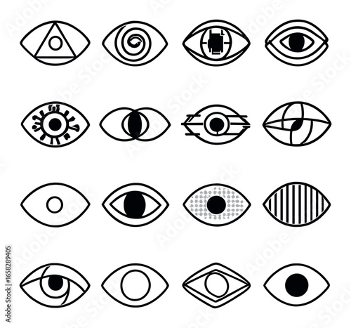 Linear eye icon set featuring spiral, hexagon, gear, and abstract symbols