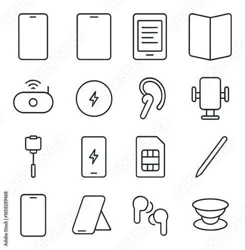 Linear gadget icon set featuring tablet, ebook, map, router, charger, earbud, tripod, stylus