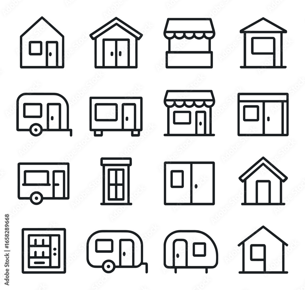 Fototapeta premium Linear camping icon set featuring home, shop, campervan, storefront, house, market, trailer