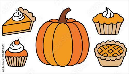 Pumpkin Dessert Vector Set  Pie, Cupcake, and Autumn Harvest Illustration