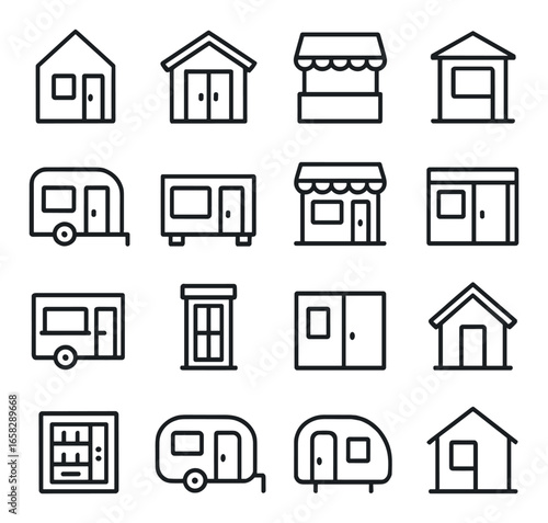 Linear camping icon set featuring home, shop, campervan, storefront, house, market, trailer