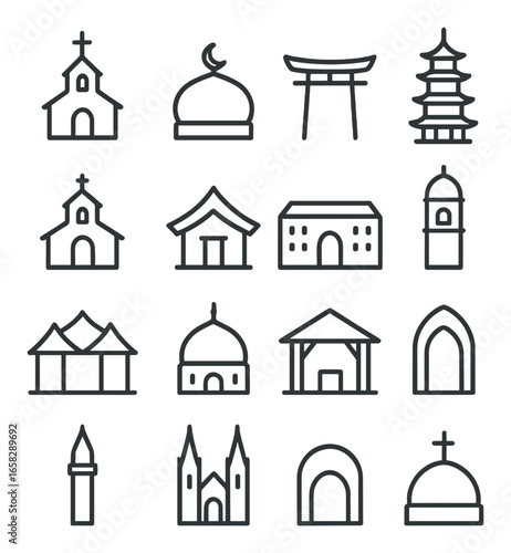 Linear religious architecture icon set featuring church, mosque, pagoda, temple, and cathedral symbols
