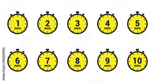 1, 2, 3, 4, 5, 6, 7, 8, 9 and 10 min clock icon vector number design illustration