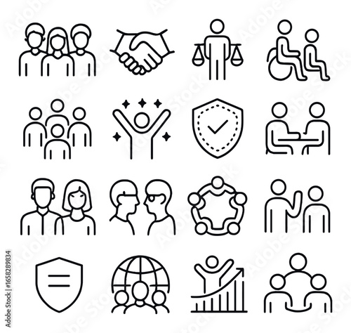 Linear social interaction icons set: group, handshake, justice, accessibility, teamwork, growth, shield