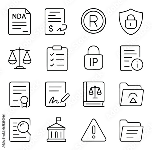 Linear legal icon set featuring nda, contract, copyright, security, and justice symbols