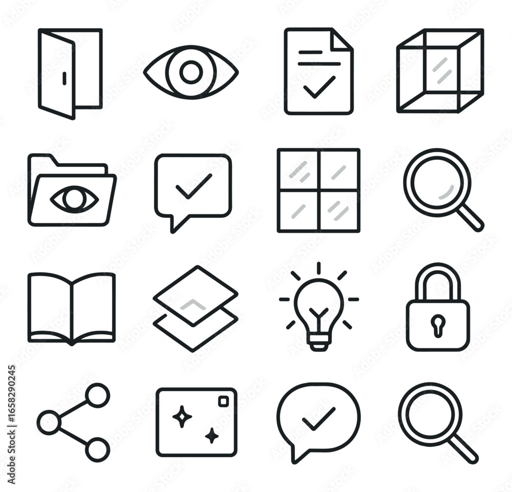 Linear privacy icon set featuring door, eye, document, cube, folder, checklist, and padlock symbols Linear privacy icon set featuring door, eye, document, cube, folder, checklist, and padlock symbols