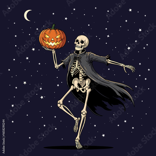 An elegant skeleton in a dark cloak dances with a carved pumpkin under a starry night sky.