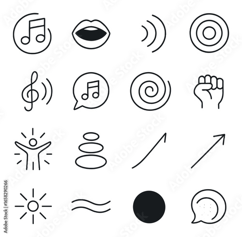 Linear wellness icon set featuring music, lips, sound, target, note, spiral, fist, yoga, zen, arrows