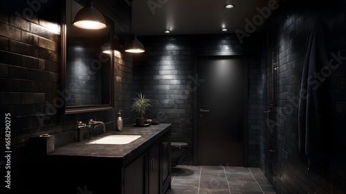 Industrial style bathroom with sleek black tiles and moody lighting © Thares2020