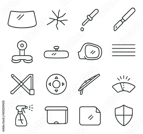 Linear car maintenance icon set including windshield, crack, wiper, visor, mirror, air freshener