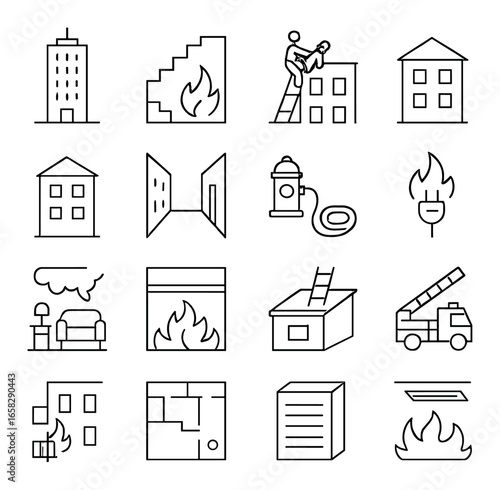 Linear fire safety icon set featuring firefighting, ladder, hydrant, and building symbols