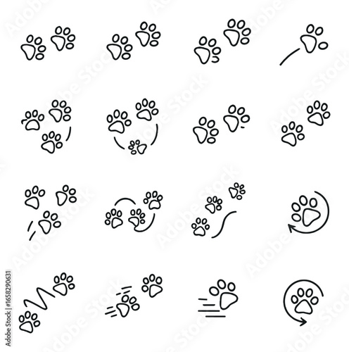 Linear pet icon set featuring dog paw, cat paw, raccoon paw, bear paw, and bird tracks symbols