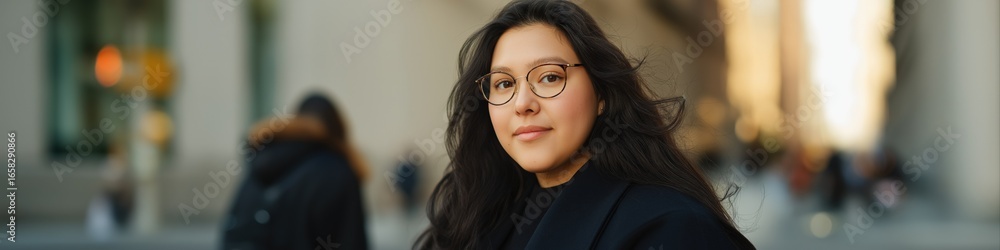 Fototapeta premium Confident young hispanic female with glasses in urban setting at sunset
