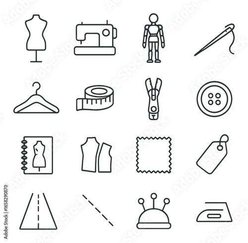 Linear sewing icon set featuring sewing machine, dress form, needle, thread, button, hanger, tape, pin, iron