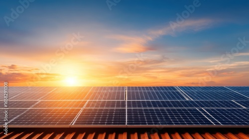 Sustainable energy concept. Solar panels capturing sunlight at sunset on a clear day.