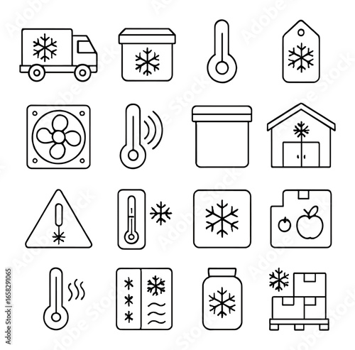Linear cold storage icon set featuring thermometer, snowflake, truck, warehouse, and fan symbols