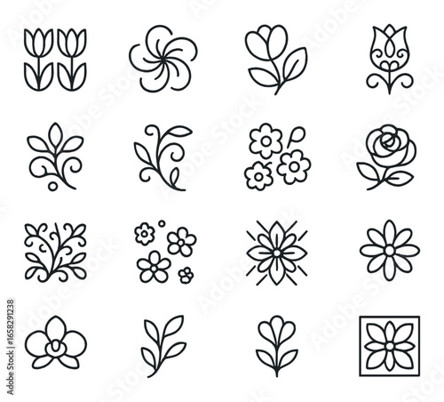 Silhouette floral icon set featuring tulip, flower, leaf, bouquet, rose, and blossom symbols