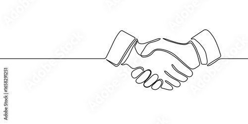 Handshake line hand continuous business people outline partnership vector together. Hand handshake line art concept trust deal agreement one illustration sketch isolated background work team man.