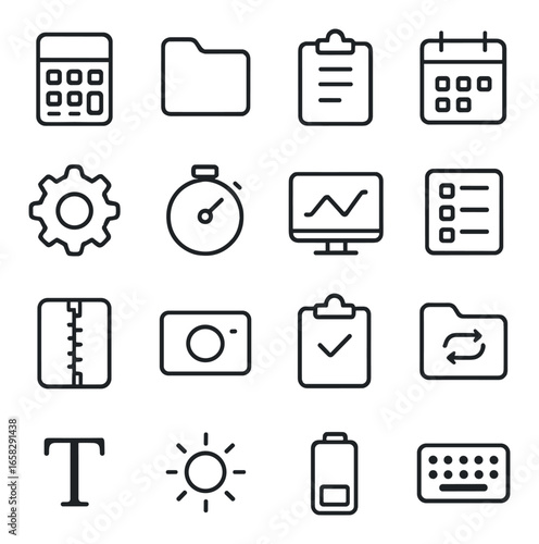 Linear office icon set featuring calculator, calendar, gear, stopwatch, graph, camera, and keyboard symbols