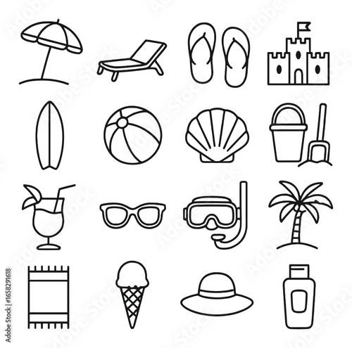 Linear beach vacation icon set featuring umbrella, sandcastle, surfboard, beach ball, shell, cocktail, sunglasses