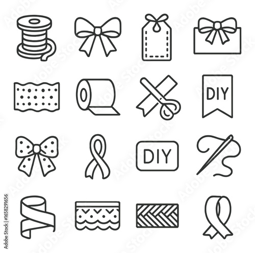 Linear craft icon set featuring ribbon, bow, thread, tag, gift, diy, lace, fabric, needle, and sewing symbols