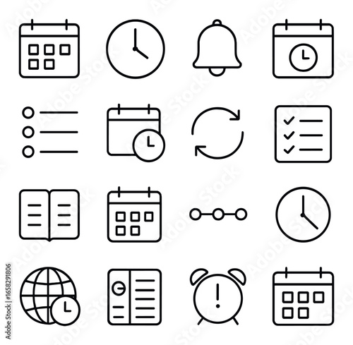 Linear time management icon set featuring calendar, clock, alarm, checklist, and schedule symbols