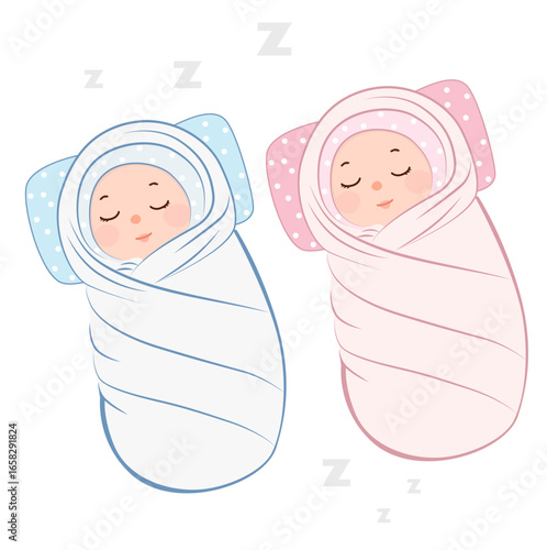 Sleeping baby is wrapped in blanket. Swaddled baby vector. Newborn baby clipart set. Baby shower element. Flat vector in cartoon style isolated on white background. Newborn twins.