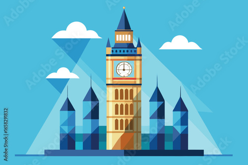 Artistic geometric illustration depicting the famous big ben clock tower in london against a blue sky.