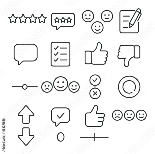 Linear feedback icon set featuring rating, smiley, checklist, thumbs up, downvote, and comment symbols