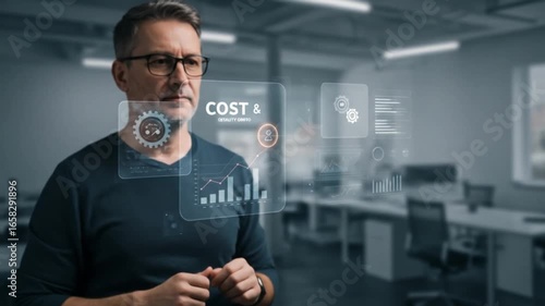 Businessman Interacting with Augmented Reality Interface in Modern Office – Data Visualization and Cost Analysis Concept