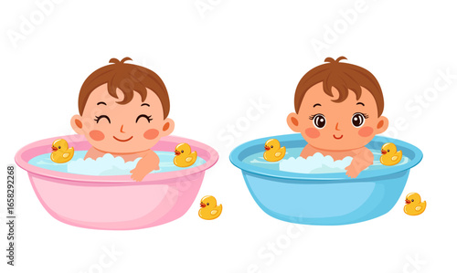 Cute baby takes a bath in blue bathtub with bubble. Happy baby bathes with foam and toys. Baby element vector. Flat vector illustration in cartoon style isolated on white background.