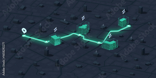 Futuristic Smart City Map with Electric Vehicle Charging Station Network. Green energy, smart grid technology and the future of logistics and mobility. Vector illustration