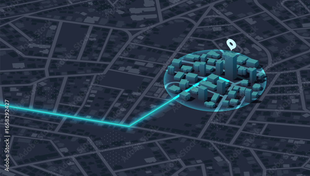 Fototapeta premium We moved. 3D navigation map with route and location pin. Isometric city map with navigation route to new delivery redirection. Communication about moving, relocation announcement. Vector illustration
