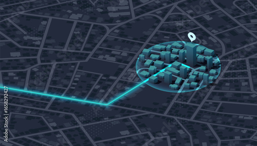 We moved. 3D navigation map with route and location pin. Isometric city map with navigation route to new delivery redirection. Communication about moving, relocation announcement. Vector illustration