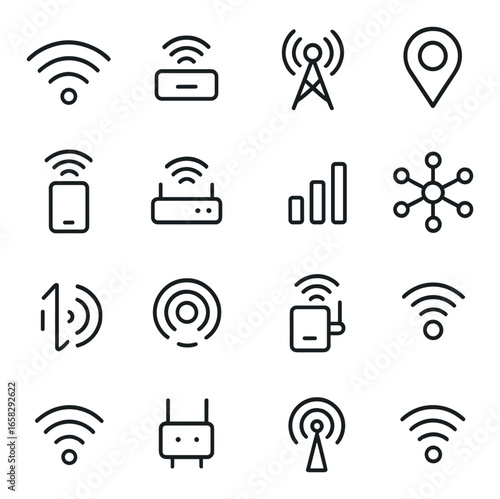 Linear connectivity icon set featuring wifi, router, signal, network, location, and antenna symbols
