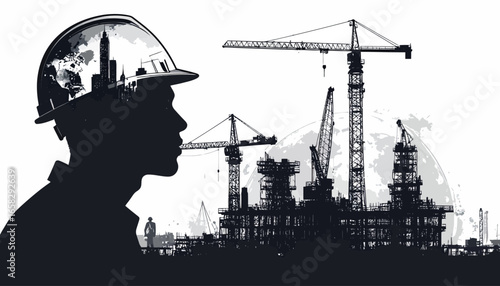 Silhouette of a construction worker wearing a hard hat, with a construction site and cranes in the background.