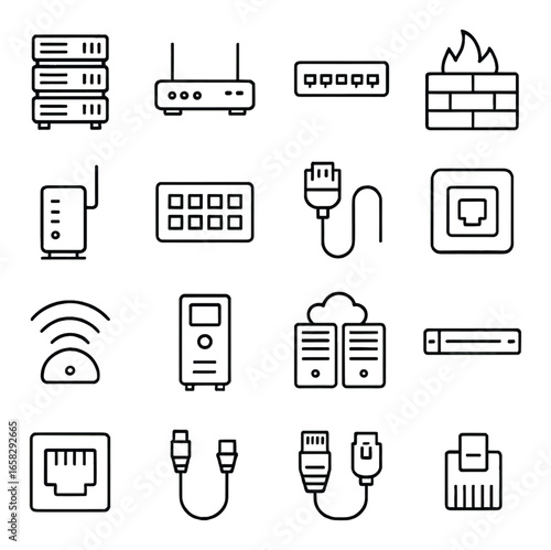 Linear network icon set featuring server, router, firewall, modem, cable, and switch symbols
