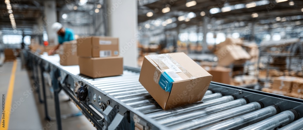Fototapeta premium Efficient parcel delivery through roller conveyor systems in a modern warehouse logistics environment