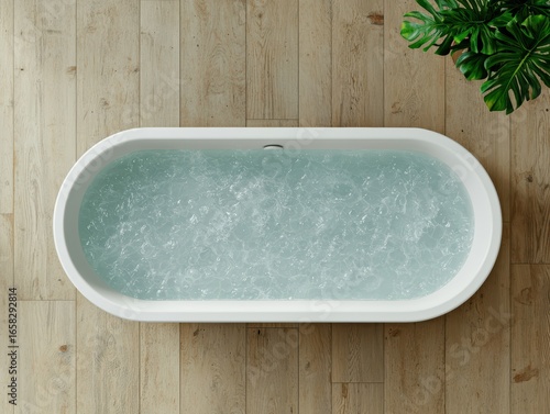 Modern Oval Bathtub Filled with Water on Wooden Floor Above View