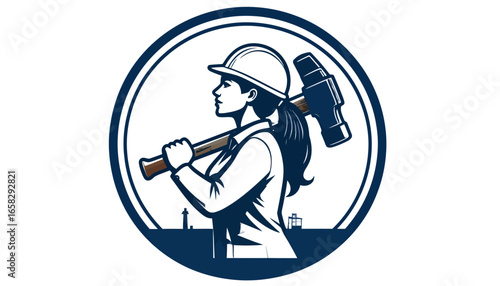 A female construction worker, profile view, confidently carries a sledgehammer, emblem design.