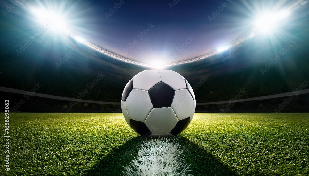 Obraz premium soccer ball on grass at a stadium under bright lights